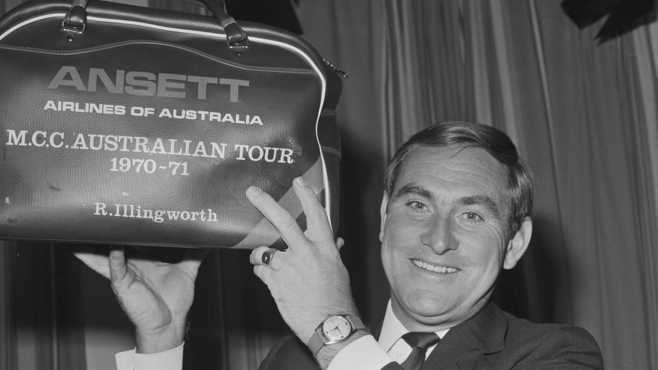 Illingworth holds up a sports bag following his return from a successful tour of Australia in 1970-71.