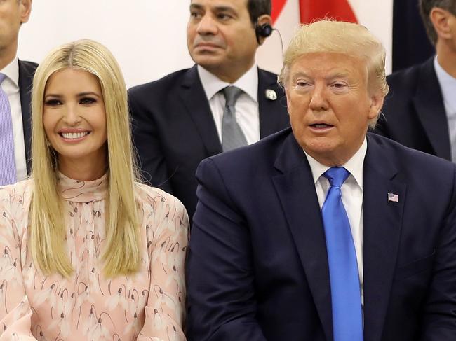 Ivanka Trump sits with her father US President Donald Trump on the sidelines of the G20 summit in Osaka. Picture: Dominique Jacovides/AFP