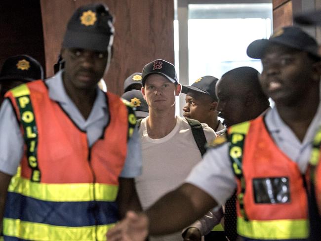 The disgraced Australia skipper hugged his replacement Tim Paine at the team’s hotel, after he and senior batsman David Warner were banned from cricket for 12 months over the cheating scandal that has rocked the sport and dragged their side’s reputation through the mud. Picture: AFP Photo/Gulshan Khan