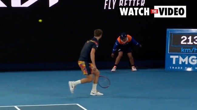 Ballkid’s priceless reaction after being hit by killer Kyrgios serve (Nine)