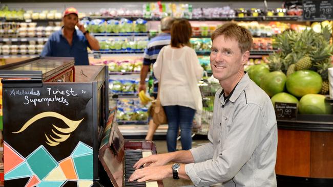 Forget canned pop music — pianist Peter Hacquoil performs at Frewville Foodland for shoppers.