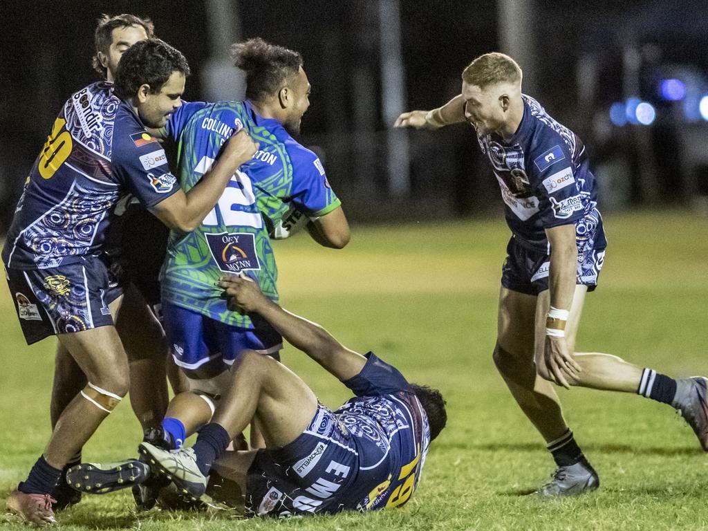 Sione Lopamaua for Pacific wrapped up by Emus. 2023 TRL Cultural Cup, SW Qld Emus vs Pacific Nations Toowoomba. Saturday, February 25, 2023. Picture: Nev Madsen.