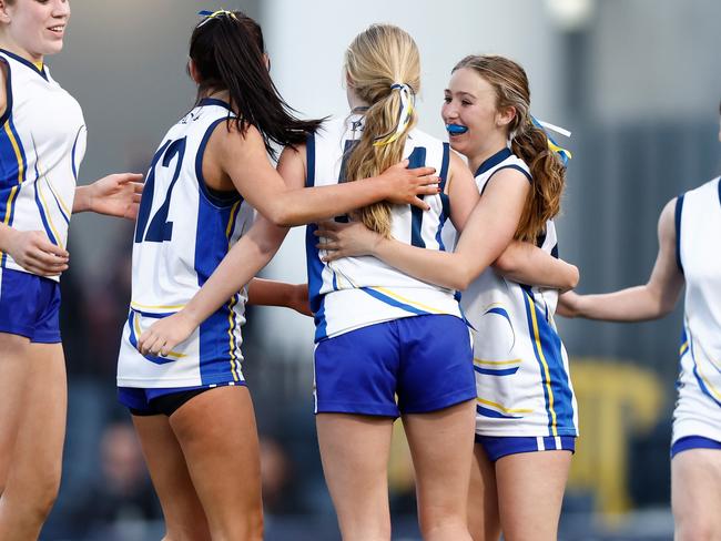 MELBOURNE, AUSTRALIA - SEPTEMBER 01: Padua College players celebrate during the 2023 Herald Sun Shield Division 2 Intermediate Girls Grand Final match between Padua College and Our Lady of Sion College at Ikon Park on September 01, 2023 in Melbourne, Australia. (Photo by Michael Willson/AFL Photos)