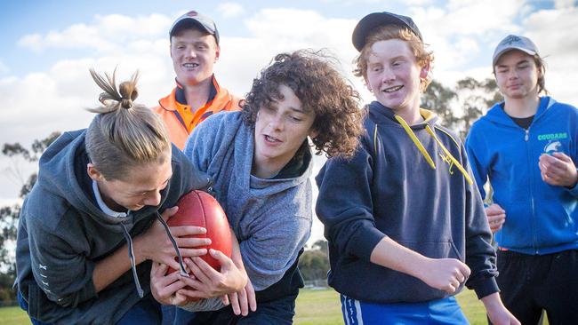 Junior Kaniva Cougars, from left, Lachie, 13, Liam, 15, Patrick, 14, Tyson, 14, and Jake, 15, enjoy an after-school kick to kick at Kaniva Recreation Reserve. Picture: Mark Stewart