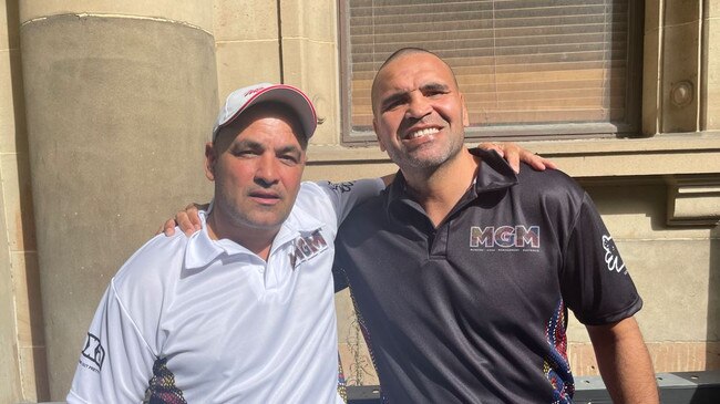 Anthony Mundine (right) and business partner Gosh Daher both turned up to support Dr Teo. Picture: News.com.au