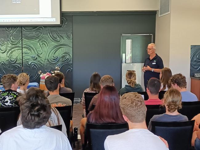 Bill Winters from Roadsafe Goulburn Valley gives a road safety seminar to Shepparton students. Picture: Supplied