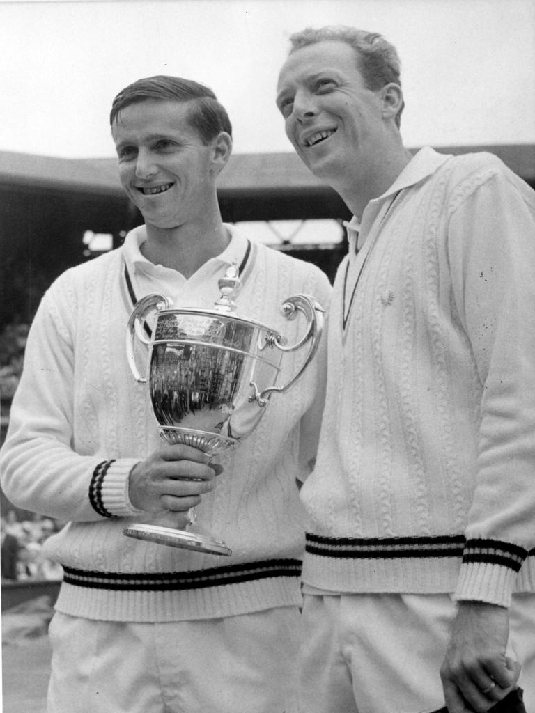 Roy Emerson and Fred Stolle after playing in the Wimbledon final.