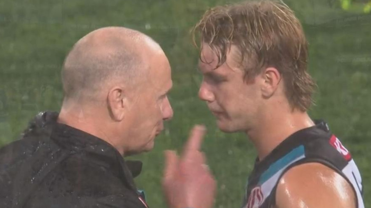 Port Adelaide coach Ken Hinkley with Jason Horne-Francis after the win over Western Bulldogs. Picture: Fox Footy