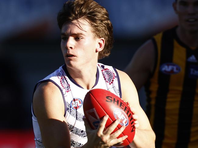 Young gun Caleb Serong made sure Nat Fyfe’s 200th game was a memorable one. Picture: AFL Photos/Getty Images