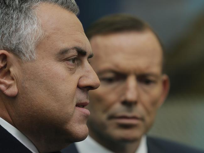 Treasurer, Joe Hockey (left) with Prime Minister Tony Abbott speaks to media at Hobart Airport