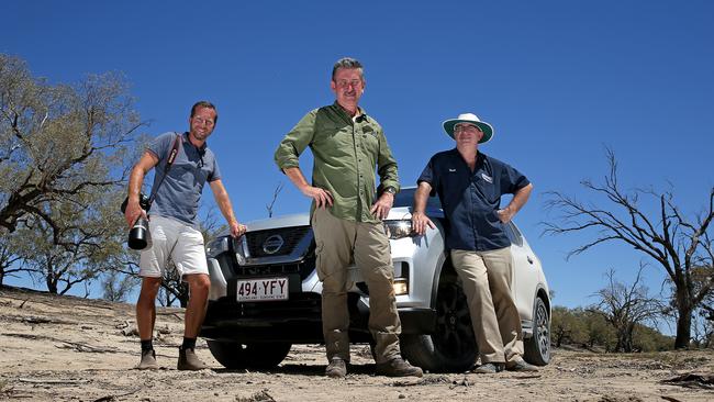 Daily Telegraph photographer Toby Zerna with journalists Warren Brown and Tim Blair pictured near the start of the Darling River where the Culgoa and Barwon Rivers meet. Picture: Toby Zerna