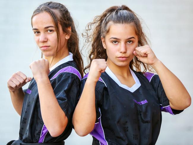 Sisters Cleo and Stella Lellis secured spots on the junior Australian team for the WAKO World Kickboxing Junior Championships. Picture: Angelo Velardo