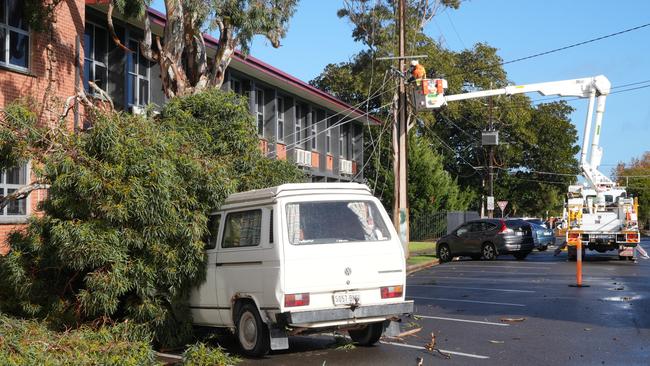 On Cudmore Street, Somerton Park, linesmen are repairing high voltage lines brought down by fallen trees. Picture: Dean Martin