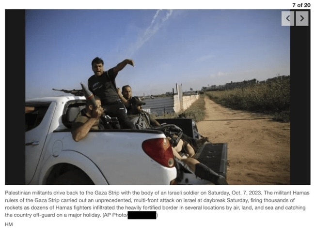 AP photos taken in the Israel-Gaza border area on October 7. Picture: AP/Screenshot