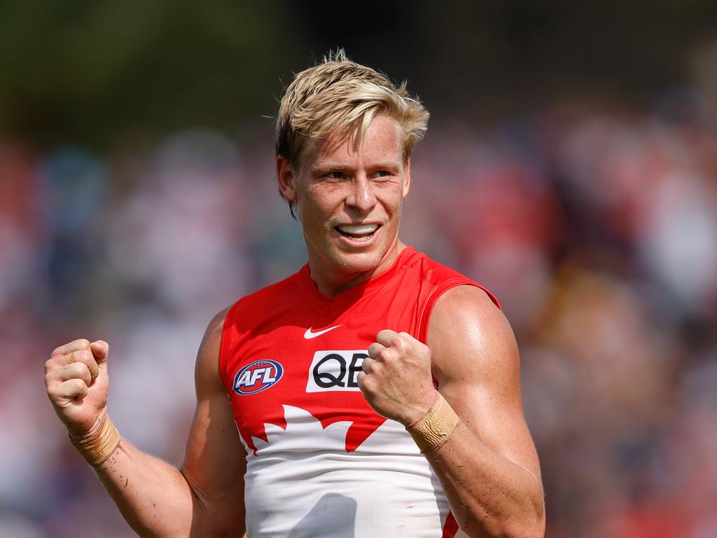 ADELAIDE, AUSTRALIA - APRIL 06: Isaac Heeney of the Swans celebrates a goal during the 2024 AFL Round 04 match between the West Coast Eagles and the Sydney Swans at Adelaide Hills - Mt Barker on April 06, 2024 in Adelaide, Australia. (Photo by Dylan Burns/AFL Photos via Getty Images)