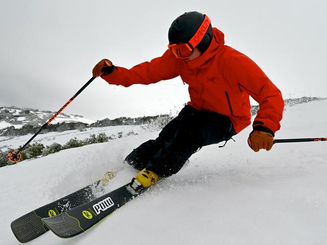 Local Skier Drew Jolowicz checks out the snow at Mt Hotham today after the resort was blanketed with it's third snowfall this month, the Victorian Government announced today that the Ski Season could commence from June 22nd this year. Heavy snowfalls are due next weekend as the chilly weather in Autumn continues. Pic by Chris Hocking