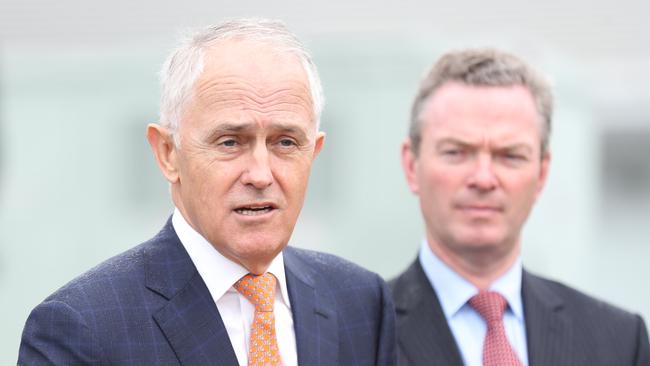 PM Malcolm Turnbull, Christopher Pyne and Marise Payne at Enoggera . Pic Annette Dew