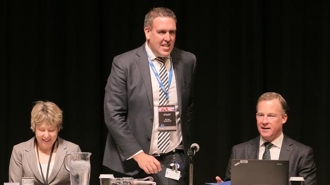 The late Vanessa Goodwin, returning state director Sam McQuestin and former Premier Will Hodgman at the Liberal Conference. Picture: RICHARD JUPE