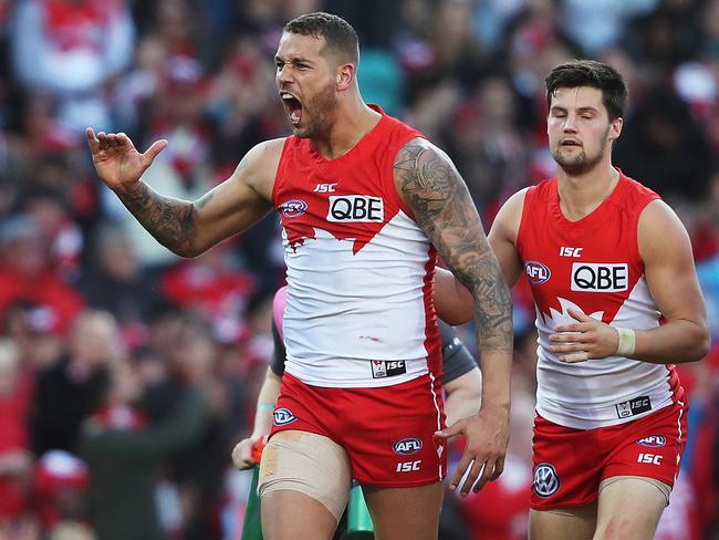 Lance Franklin celebrates a goal against the Bombers. Picture: Phil Hillyard