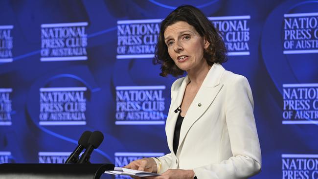 Teal independent Allegra Spender speaks at the National Press Club of Australia in Canberra on Wednesday. Picture: NCA NewsWire / Martin Ollman