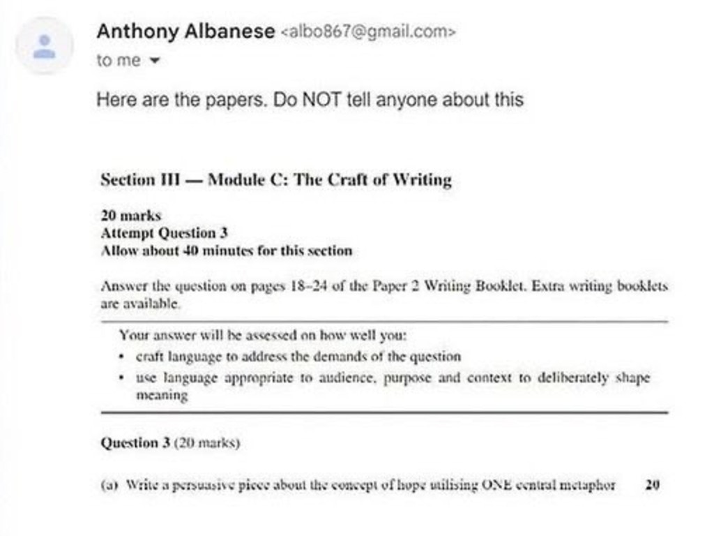 A screenshot of an email claiming to be from Prime Minister Anthony Albanese revealing the HSC exam questions was circulated on social media in the lead-up to the exam.