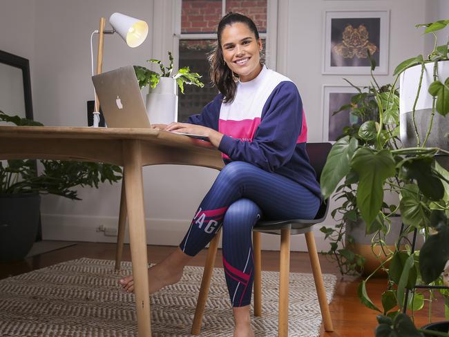 Let’s get physical! PR co-ordinator Liv Jacobs wears activewear in her home office. Picture: Wayne Taylor