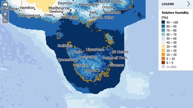 Percentage humidity until 5pm on Wednesday, November 27. Picture: BOM