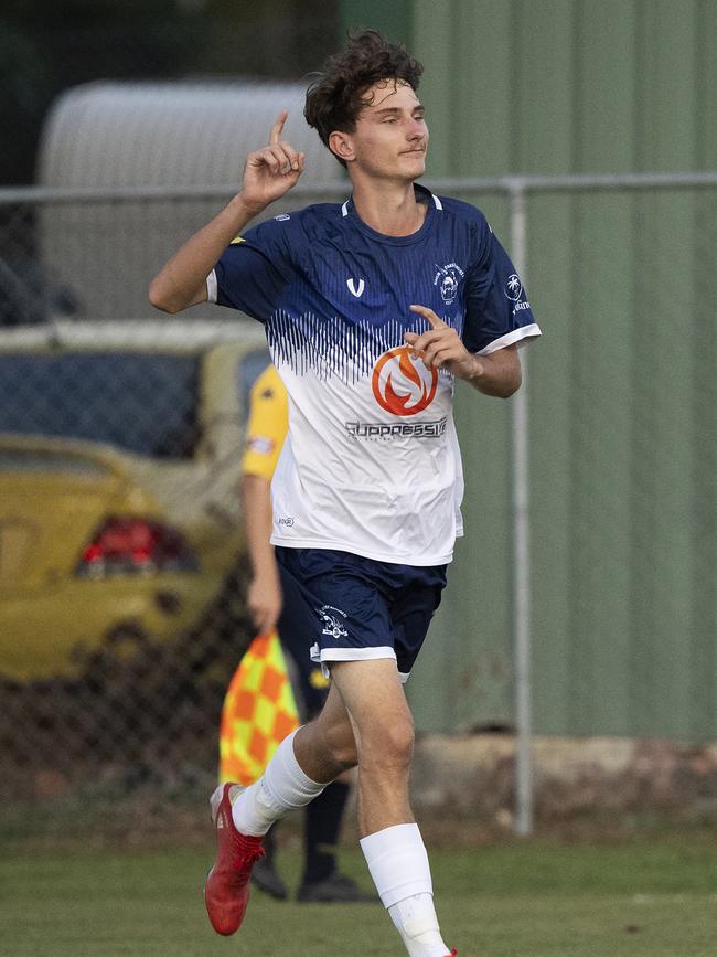 Marlin Coast’s Jeffrey Lassche celebrates after scoring a goal. Picture: Brian Cassey