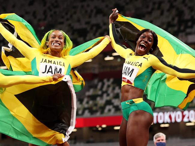 (FILE PHOTO) Olympic Champion Shelly-Ann Fraser-Pryce To Retire after Olympics Paris 2024 TOKYO, JAPAN - AUGUST 06: Briana Williams, Elaine Thompson-Herah, Shelly-Ann Fraser-Pryce and Shericka Jackson of Team Jamaica celebrate winning the gold medal in the Women's 4 x 100m Relay Final on day fourteen of the Tokyo 2020 Olympic Games at Olympic Stadium on August 06, 2021 in Tokyo, Japan. (Photo by David Ramos/Getty Images)