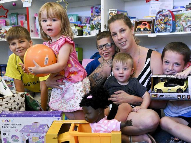 Single mother of five Samantha with her children Jacob,11,Madison,2,Jordan,13,Ryan,1,and Joseph 8 at Uniting SA's  toy room at Port Adelaide Thursday,December ,19,2024.Picture Mark Brake