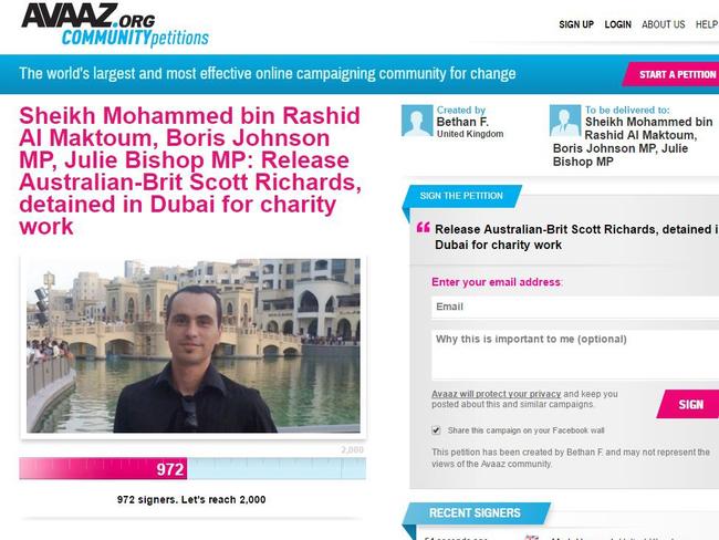 A petition by Avaaz.org calls for Scott Richards to be released. Source: Avaaz.org