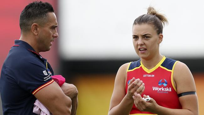 Midfielder Ebony Marinoff (right) is working with Crows legend Andrew McLeod to improve her goalkicking ability. Picture: Sarah Reed