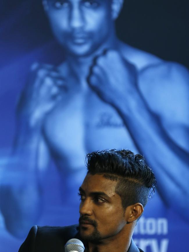 Elton Dharry, who fights Australia’s Andrew Moloney for the world super-flyweight title in Melbourne, speaks during the Barry Hall v Paul Gallen press conference at the Crown Promenade (Photo by Darrian Traynor/Getty Images)