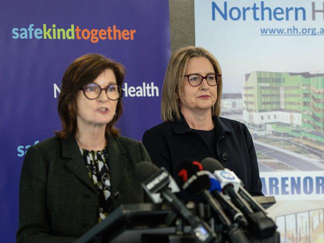 MELBOURNE, AUSTRALIA - NCA NewsWire Photos - 8 AUGUST, 2024: Premier Jacinta Allan looks on as Minister for Health Mary-Anne Thomas speaks to the media during a press conference at the Northern Centre for Health Education and Research. Picture: NewsWire / Diego Fedele