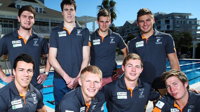 Treloar (front, second from left) in 2012, with then GWS teammates (from back left) Tom Bugg, Jeremy Cameron, Dom Tyson, Stephen Coniglio, Dylan Shiel, Devon Smith and Toby Greene. Pic. Craig Greenhill