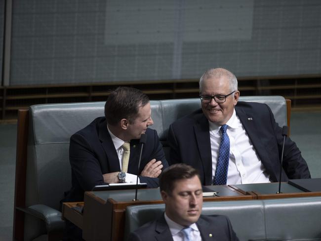 Alex Hawke and Scott Morrison are close political allies who sit next to each other in the House of Representatives. Picture: NCA NewsWire / Gary Ramage