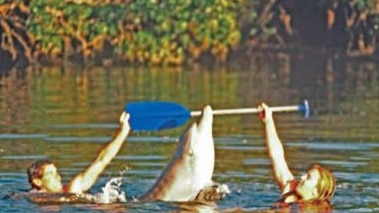 Melody: “One of our first games with Jock involved a boat paddle. These pictures show fellow research assistant Steve and me playing with this favourite toy of Jock’s. He always seemed to know what we were trying to do, and carried off his trophy!” Picture: Mike Bossley