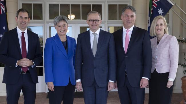 Anthony Albanese (centre) with his new ministers after being sworn in today. From left: Jim Chalmers, Penny Wong, Richard Marles and Katy Gallagher. Picture:NCA NewsWire / Andrew Taylor