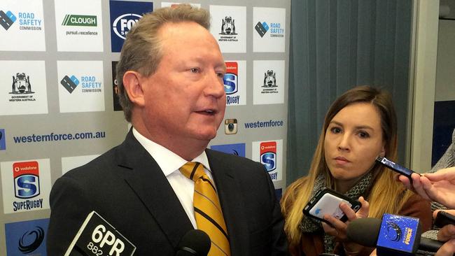 Billionaire businessman Andrew Forrest addresses the media on Tuesday, September 5, 2017. Mr Forrest has vowed to launch a rebel rugby competition after the Western Force lost their Supreme Court appeal to stay in Super Rugby. (AAP Image/ Justin Chadwick)