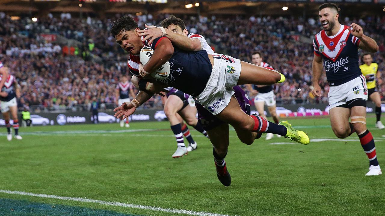 Roosters Latrell Mitchell scores a try during the 2018 NRL Grand Final between the Sydney Roosters and Melbourne Storm at ANZ Stadium, Sydney. Picture: Brett Costello