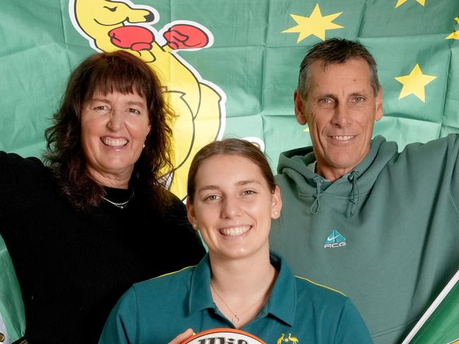 Jenny, Darryl and Izzy Borlase at home before they leave shortly for the Olympics in Paris, Where Izzy will be playing basketball for Australia. 13 July 2024. Picture: Dean Martin