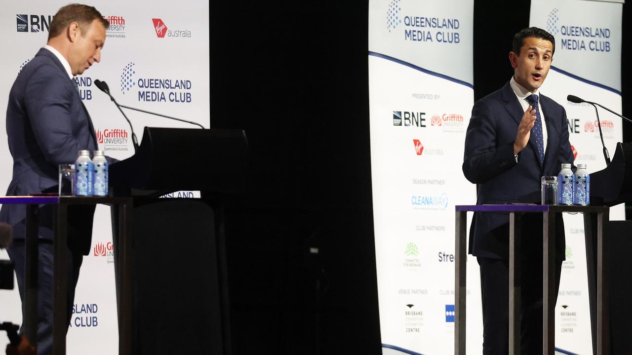 Premier Steven Miles (left) and Opposition Leader David Crisafulli at Wednesday’s second debate. Picture: Liam Kidston.