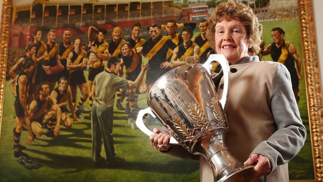 Maureen Hafey, the wife of the late Tommy Hafey will present the Premiership Cup to Richmond should they win the Grand Final on Saturday. Picture: Michael Klein