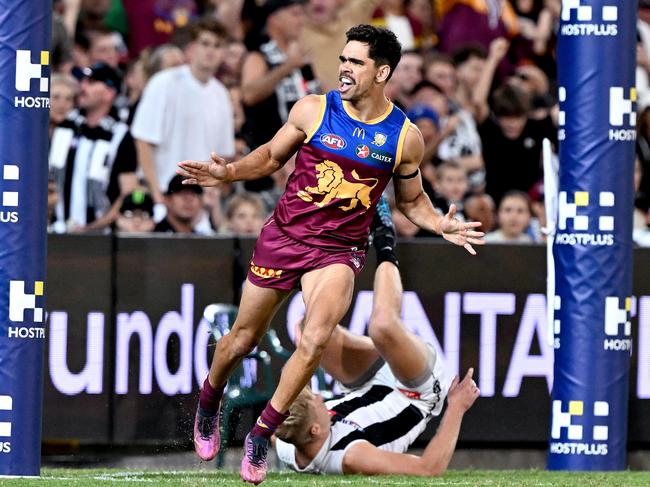 BRISBANE, AUSTRALIA - APRIL 06: Charlie Cameron of the Lions celebrates after kicking a goal during the round four AFL match between Brisbane Lions and Collingwood Magpies at The Gabba, on April 06, 2023, in Brisbane, Australia. (Photo by Bradley Kanaris/Getty Images)