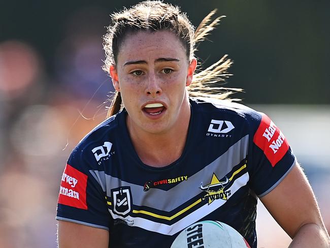 BRISBANE, AUSTRALIA - AUGUST 12: Francesca Goldthorp of the Cowboys in action during the round four NRLW match between North Queensland Cowboys and Wests Tigers at Totally Workwear Stadium, on August 12, 2023, in Brisbane, Australia. (Photo by Albert Perez/Getty Images)