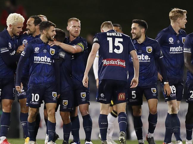 SYDNEY, AUSTRALIA - MAY 27: Daniel Desilva of the Mariners celebrates scoring a goal during the A-League match between Macarhut FC and the Central Coast Mariners at Campbelltown Stadium, on May 27, 2021, in Sydney, Australia. (Photo by Mark Metcalfe/Getty Images)