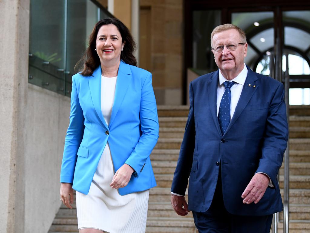 Premier Annastacia Palaszczuk and AOC President John Coates after the International Olympic Committee's Future Host Summer Commission designated Brisbane as the "preferred candidate city" to host the 2032 Summer Olympic Games. Picture: NCA NewsWire / Dan Peled