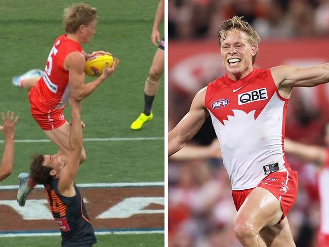 Isaac Heeney has made a mockery of the AFL mark of the year. Photo: Getty Images and Fox Sports