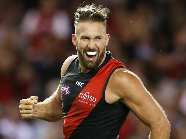 AFL Round 1. Essendon v Adelaide at Etihad Stadium . Essendon's Cale Hooker celebrates his goal in the fourth quarter  . Pic: Michael Klein