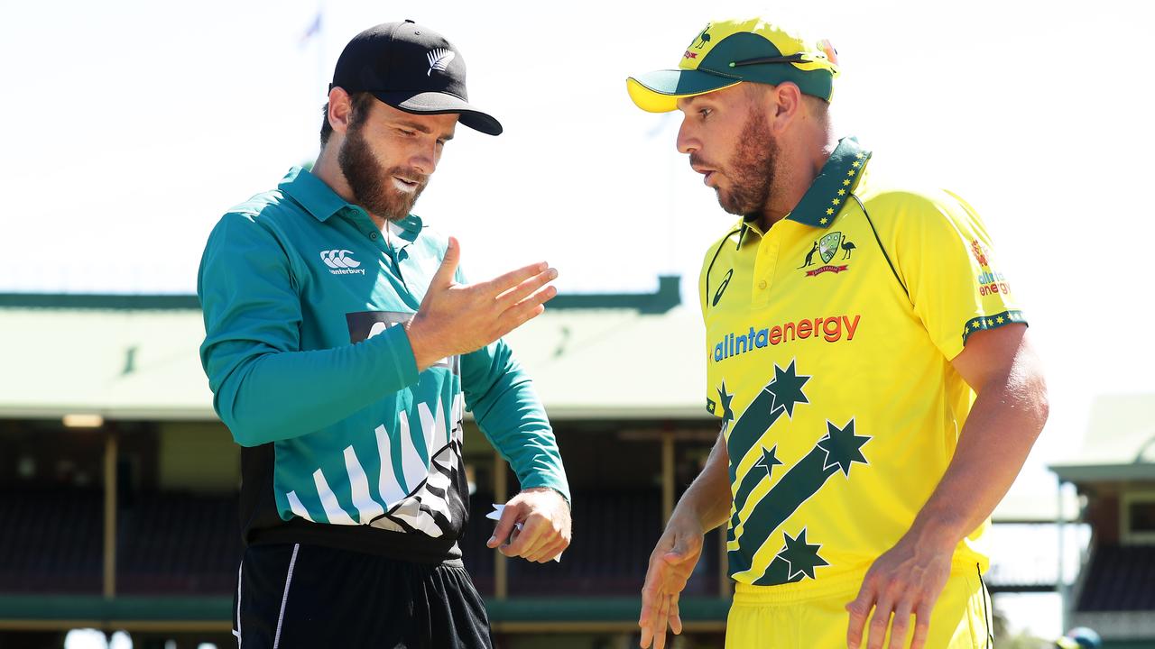 Aaron Finch reacts to shaking Kane Williamson’s hand at the SCG.